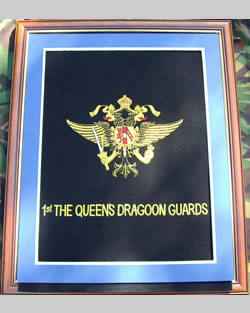 Large Embroidered Badge in a 20 x 16 Mahogany Wood Frame - Queens Dragoon Guards