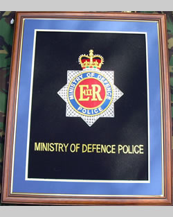 Large Embroidered Badge in a 20 x 16 Mahogany Wood Frame - Ministry of Defence Police