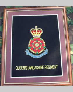 Large Embroidered Badge in a 20 x 16 Mahogany Wood Frame - Queen's Lancashire Regiment
