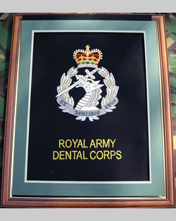 Large Embroidered Badge in a 20 x 16 Mahogany Wood Frame - Royal Army Dental Corps