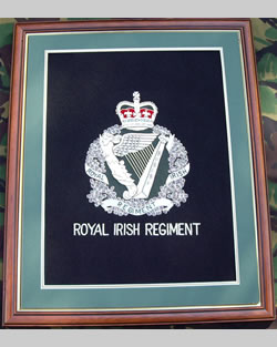 Large Embroidered Badge in a 20 x 16 Mahogany Wood Frame - Royal Irish Regiment
