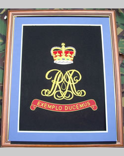 Large Embroidered Badge in a 20 x 16 Mahogany Wood Frame - Royal Military Police Cypher